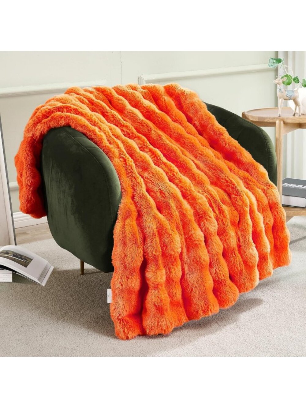 Cozy Faux Rabbit Fur Throw Blanket - Warm, Fuzzy, Decorative, 50"x60", Orange